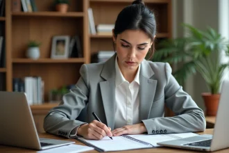 Femme comparant sa fiche de paie et ses notes de calcul d'heures de travail dans un bureau à domicile
