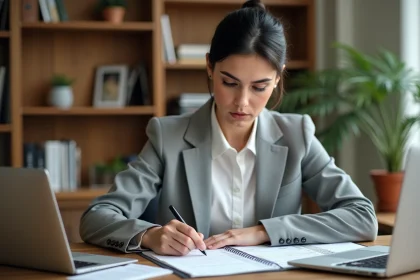 Femme comparant sa fiche de paie et ses notes de calcul d'heures de travail dans un bureau à domicile