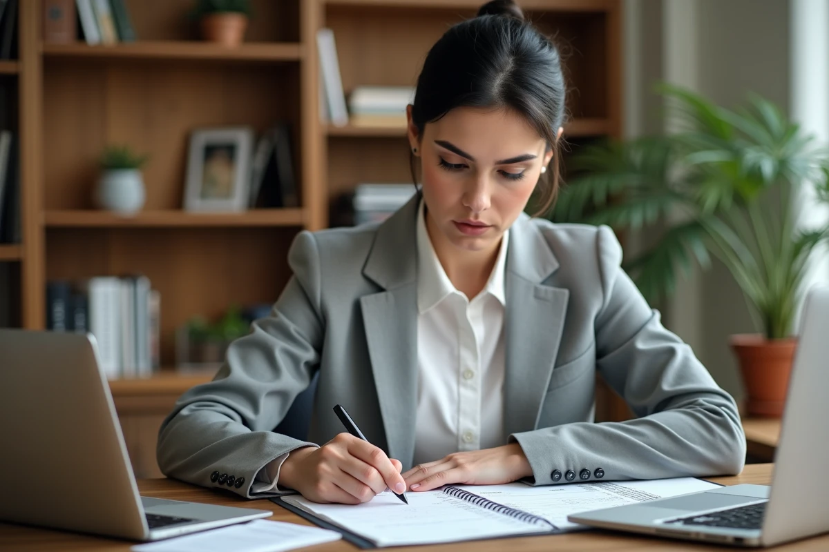 Femme comparant sa fiche de paie et ses notes de calcul d'heures de travail dans un bureau à domicile