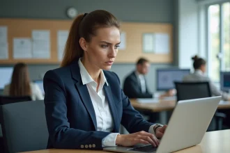 Femme professionnelle vérifiant un numéro SIRET sur un site gouvernemental depuis son bureau en entreprise