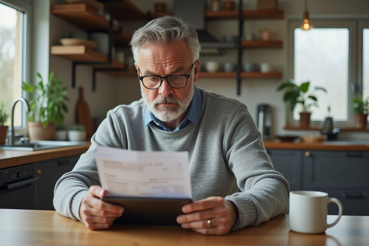 Homme vérifiant la légitimité d'une entreprise via son numéro SIRET sur une tablette à domicile