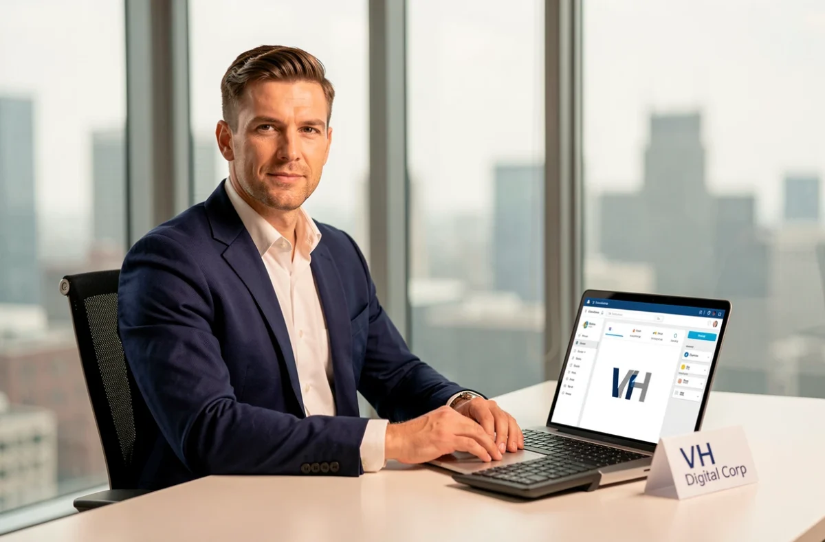 Vincent Hégo, consultant SEO fondateur de VH Digital Corp, assis à son bureau avec un tableau de bord SEO personnalisé