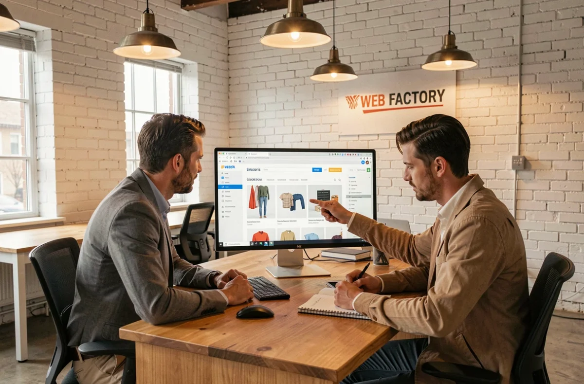 Deux ingénieurs web de Web Factory collaborant sur le développement d'un site e-commerce dans un bureau au style industriel