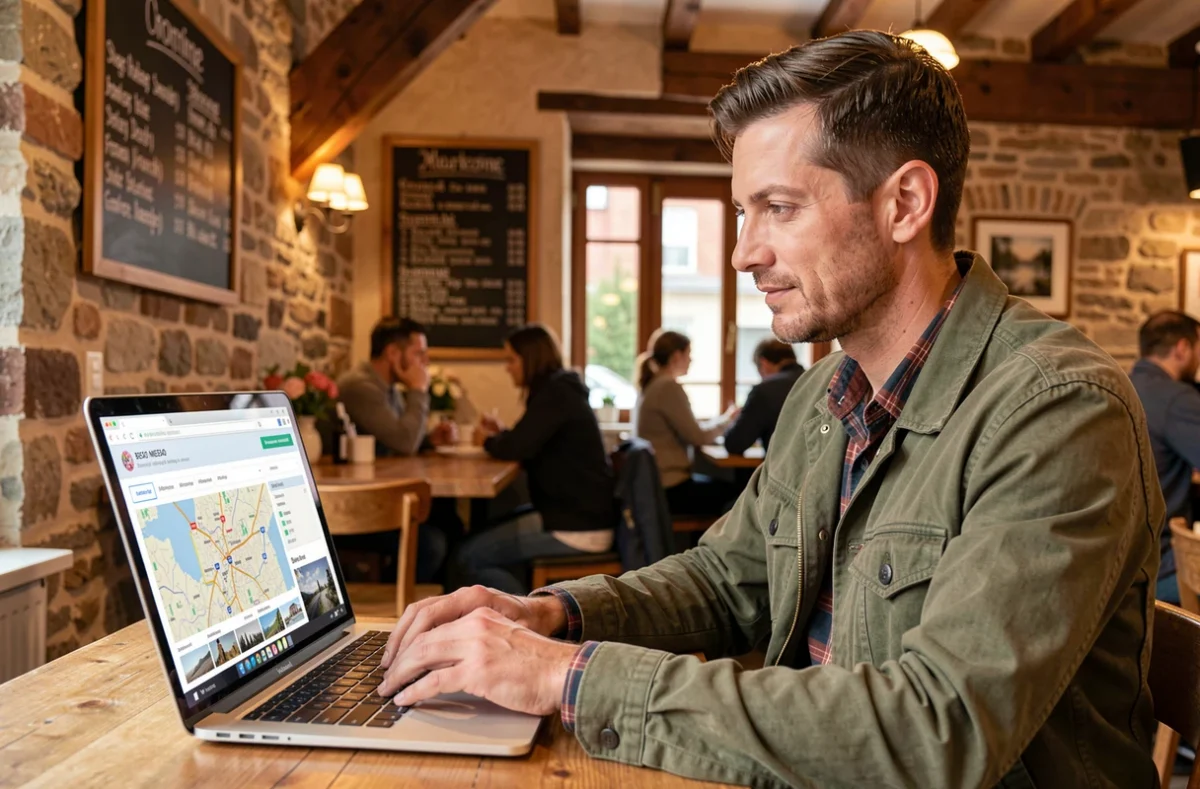 Webmaster freelance en Lorraine travaillant sur une stratégie SEO locale depuis un café aux murs en pierre